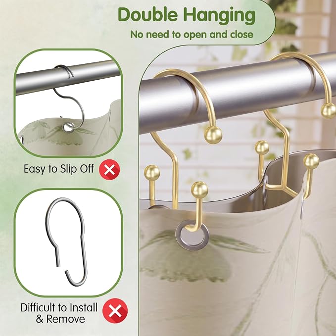 OEH 24 Pcs Shower Curtain Hooks, Metal Shower Curtain Rings, Gold Shower Curtain Hooks Rust Proof, Double Shower Rings for Curtain, Easy Install Anti-Drop Shower Hooks for Shower Curtain, Gold