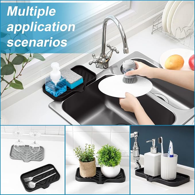 Silicone Kitchen Soap Tray, Sink Tray,Black, [Size: 9.5 x 5 inch] | Sponge Holder for Kitchen Counter Soap Bottles and Organizer with Drain Spout
