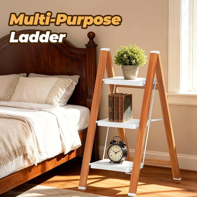 HBTower 3 Step Ladder, Lightweight Aluminum Folding Step Stool | Anti-Slip Wide Pedal, 330lbs Capacity Step Ladder for Household Kitchen Office, WhiteWoodgrain