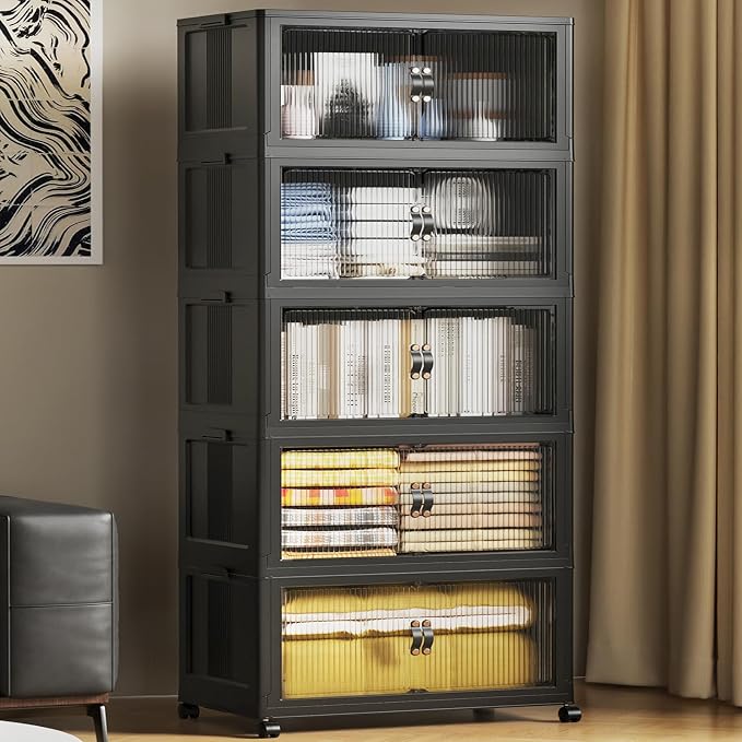 SAILUN 635Qt Large Stackable Storage Bins,Storage Cabinet with a Lid,Black | Stackable Storage Drawers with Lids,28" W x 17" D x 75" H,Featuring open-front Access for Clothes and Closet Storage