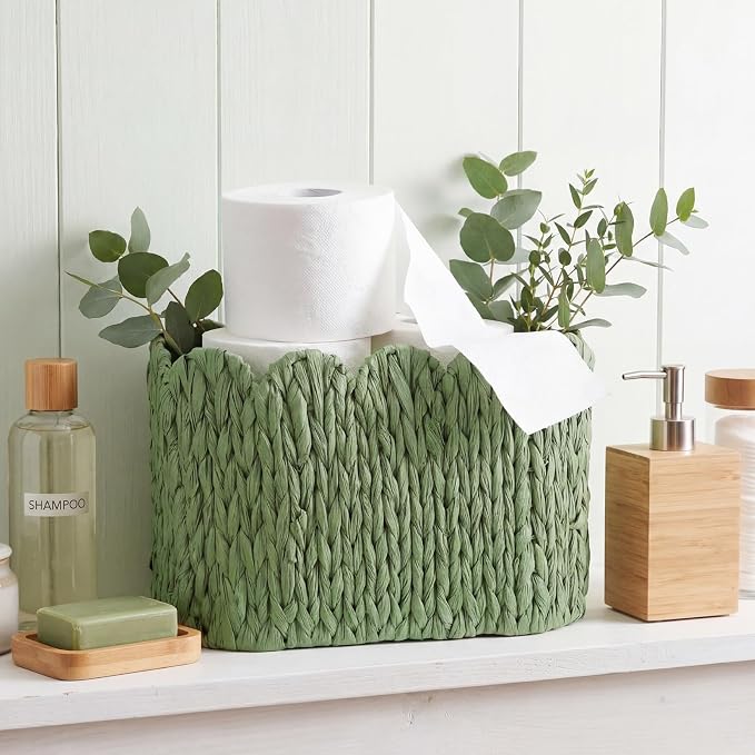 Kathfly Sage Green Toilet Paper Storage Basket Scalloped Wicker Woven Bathroom Basket Toilet Paper Holder Holds up to 6 Mega Rolls Woven Organizer for Home Bathroom Kitchen Offices