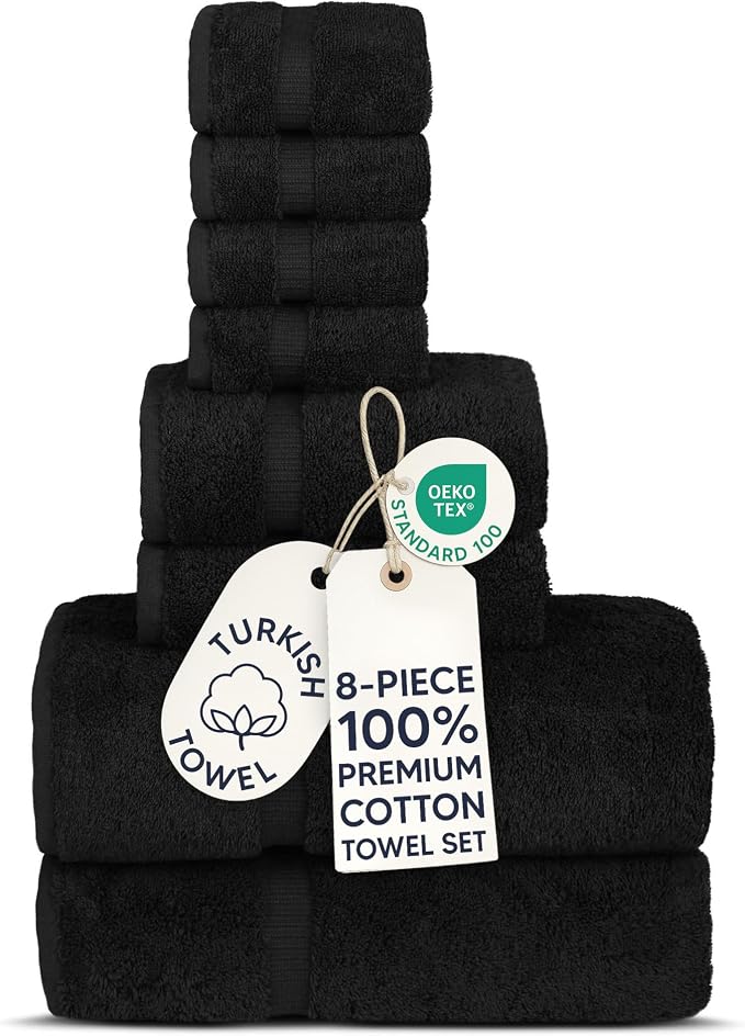 Chakir Turkish Linens Set of 8 Towel Set, 100% Cotton Luxury Turkish Towels for Bathroom, Soft Absorbent Bath Towel Set with 2 Bath Towels 2 Hand Towels 4 Washcloths, Black