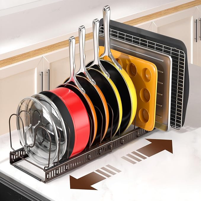 Pots and Pans Organizer under Cabinet, 11.8-22.8" 12 Dividers Bronze | Extends 11.8-22.8", Holds pot lids, pans, cookware and bakeware, Adjustable dividers, for under cabinet or countertop