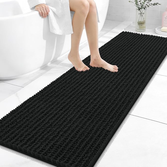 OLANLY Bathroom Runner Rugs 59x20, Thick Soft Absorbent Chenille Bath Rugs | Black, Quick-Drying Rubber Backing, Long Shaggy Bath Mat, Machine Washable for Floor, Tub and Shower, Home Decor Accessories