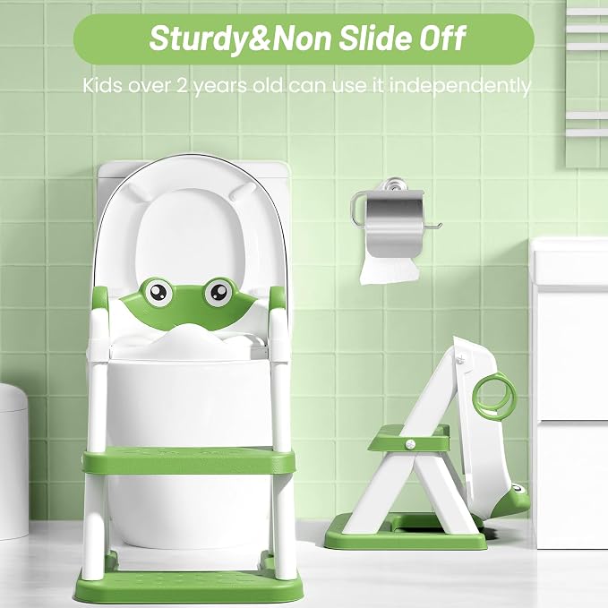 Potty Training Seat, Upgrade Toddler Toilet Seat for Kids Boys Girls, 2 in 1 Potty Training Toilet, Splash Guard Anti-Slip Pad Step Stool(Green-Frog)