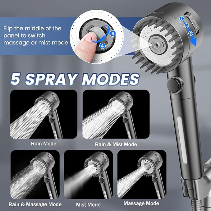Filtered Shower Head with Handheld,High Pressure 5 Mode Shower with Filters | ON/OFF Switch Shower Filter Head for Hard Water, Remove Chlorine, Reduce Dry Itchy Skin,Holder & 60'' Hose Showerhead