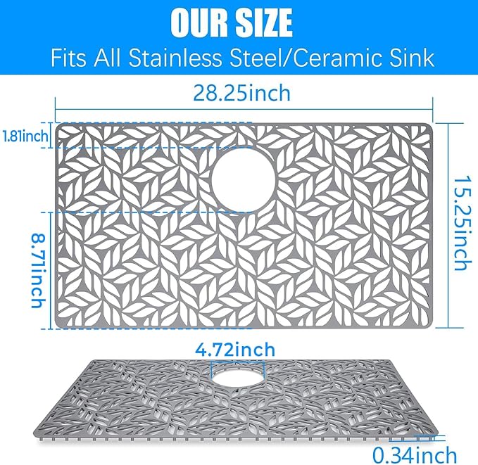 Silicone Sink Protectors for Kitchen Sink 28.25"x15.25" Sink Protectors for Bottom of Farmhouse Stainless Steel Porcelain with Rear Drain Hole for Sink Bowl,Sink Mat for Rectangle Porcelain Sink