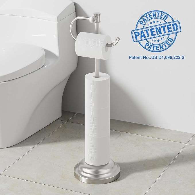 RUMOSE Toilet Paper Holder Stand for Floor Free Standing, Nickel | Bathroom Freestanding Toilet Tissue Roll Holder with Storage, Adjustable 17-25 Inch, Rustproof, SUS304 Stainless Steel