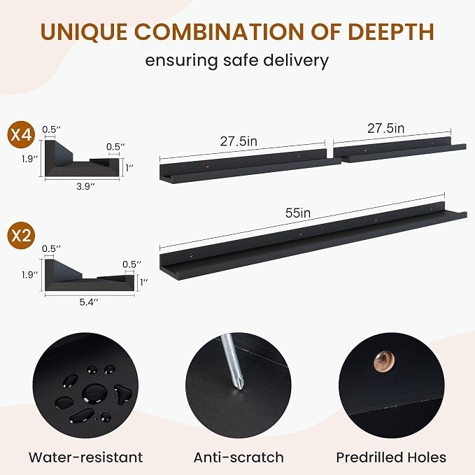Picture Ledge Shelf, Floating Shelves for Wall Decor Storage Set of 6, 55 inch Floating Wall Mounted Shelves, Shelves with Lip for Living Room, Bedroom, Nursery, Bathroom, Kitchen, Black