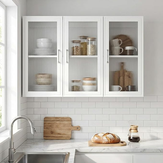 36" W Bathroom Wall Cabinet with Acrylic Glass Doors, Display Cabinet, Kitchen Wall Cabinets with Adjustable Shelf, Laundry Room Wall Mounted Cabinet, Medicine Wall Cabinet with Light (White)