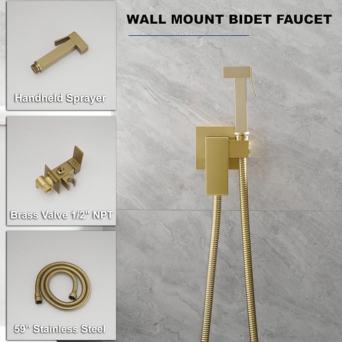 Wall Mounted Bidet Sprayer Set for Toilet with Hot & Cold Water | Warm Water Bidet Sprayer Faucet,Brass Valve,Handheld Bidet Attachment Set for Bathing Pets and Feminine Hygiene,Brushed Gold