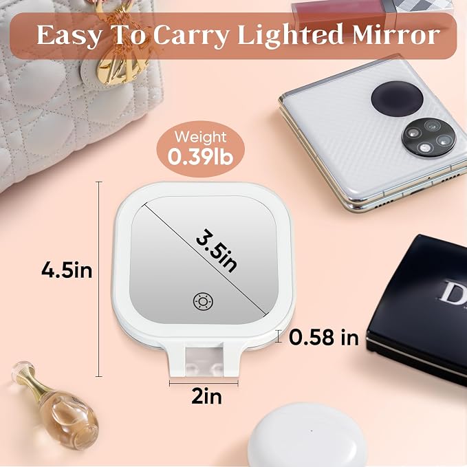 3.5" Rechargeable Travel Makeup Mirror 30X Magnification (White) | Lighted Portable Vanity Mirror with 3 Colors Lighting & Stepless Dimming, Double Sided LED Mirror, Gift for Women