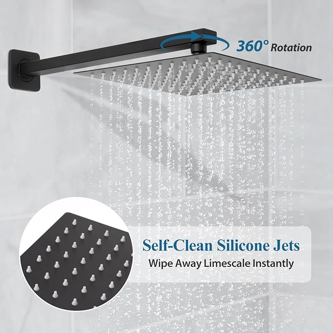 12 inch Square Shower Head and Handheld Set, Gasecoet Shower System with Tub Spout Wall Mounted Shower Faucet for Bathroom - Matte Black (With Shower Valve)