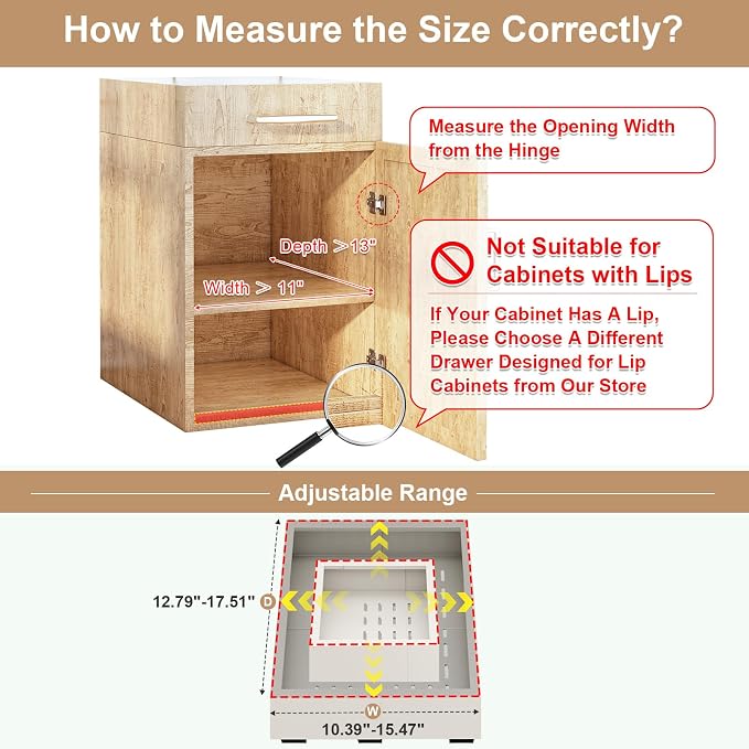 Fokyfok Pull out Cabinet Organizer,11"-16"W, 13"-17"D,Expandable,Adhesive | No Drill,3 Rails,Adjustable Slide out Drawers for Kitchen,Pantry,Roll out Shelves,for Cabinets Without Lip,Bathroom,White,1PC