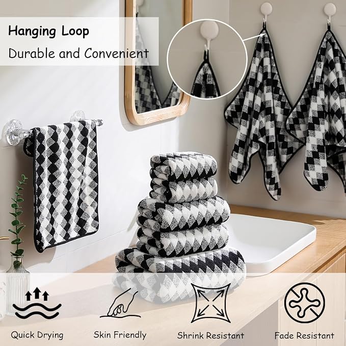 12 Pcs Black White Diamond Towel Set-4 Bath Towels,4 Hand Towels,4 Washcloths Soft Polyester Towels with Loop Absorbent Shower Towel Quick Dry Beach Chair Towel Family Towels for Bathroom Spa Gym Pool