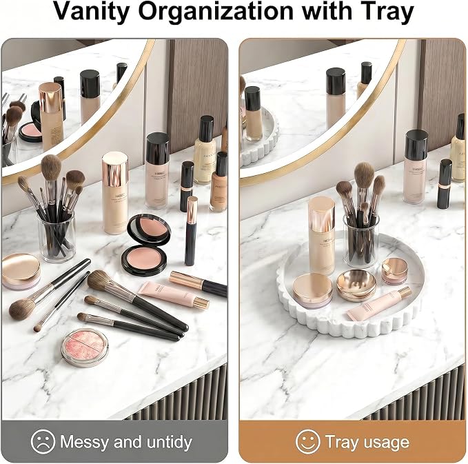 Silicone Bathroom Vanity Trays for Counter - 9.1 Inch Round Small Bathroom Tray with Scalloped Edge, Coffee Table Decor, Decorative Tray for Candle Key Skincare Perfume Storage, Marble Gray