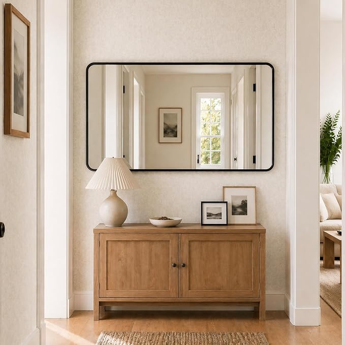 Koonmi Black Bathroom Mirror for Over Sink 36x71 Inch | Wall Mirror for Bathroom Matte Rectangle Metal Deep Framed, Shatterproof Tempered Glass, Hang Vertically or Horizontally