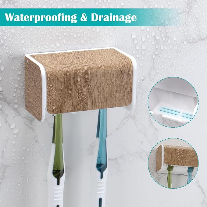 Toothbrush Holders Wall Mounted with Cover (1, Wood Grain) | Wall mounted, Detachable, Easy to clean, Breathable, 2 Slots Self Adhesive Toothbrush Organizer for Bathroom