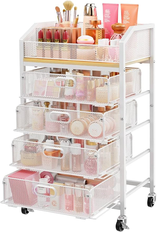 SUNALLY Rolling Makeup Cart with Drawers, Rolling Vanity Nail Cart, White | 5-Tier Metal Floor Beauty Vanity Organizer, Makeup Storage Cart for Skincare, Cosmetic, Nail Polish Supply, Kitchen, Bathroom