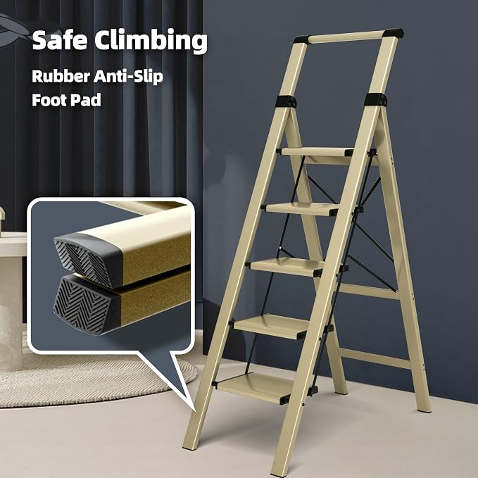 HillhutApex Aluminum 5 Step Ladder, Step Stool Foldable Ladder(Gold) | Stepladder with Handgrip,Anti-Slip Pedals,330lbs Capacity,Lightweight Folding Ladder for Home,Office,Libaray