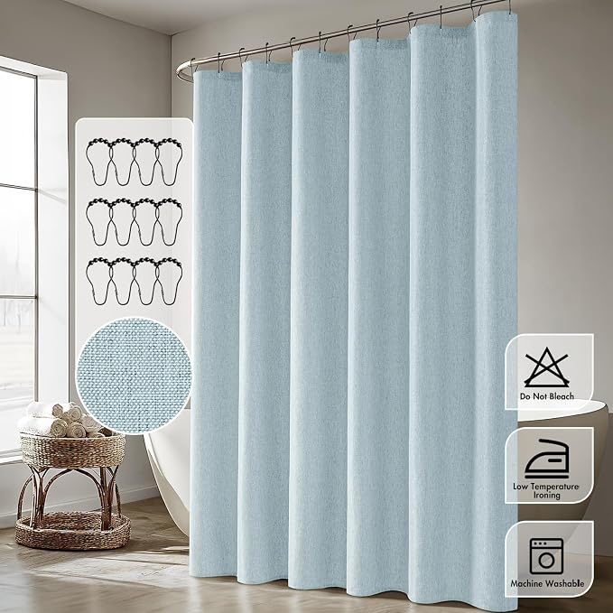 ANRODUO Fog Blue Linen Textured Fabric Shower Curtain Set - W72xL72 | Farmhouse Shower Curtain with 12 Metal Hooks, Waterproof Heavy Duty, Button Hole Design, Machine Washable for Bathroom