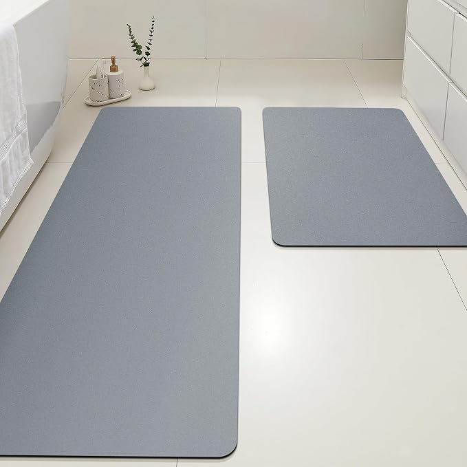 Non Slip Bath Mat, Thin Bathroom Rugs Fit Under Door, Quick Dry Bath Mats, Machine Washable Bath Rugs for Bathroom, Bathtub & Kitchen, Bathtub, Grey/Solid/24 x17+48"x20"