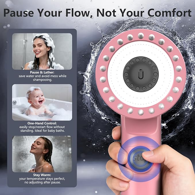 Filtered Shower Head with Handheld, High Pressure Water Flow and Multiple Spray Modes Shower Head with Filter, Power Wash for Hard Water, Showerhead with ON/OFF Switch for Pets Bath (Pink) | ON/OFF Switch,4 Spray,Built-in Power Wash,Detachable Showerhe...