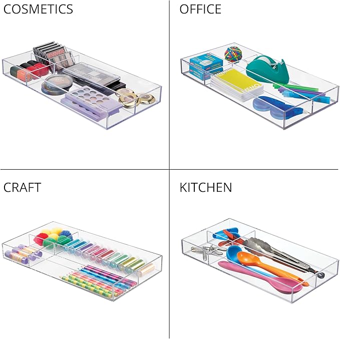 iDesign Clarity Plastic Divided Drawer Organizer, Storage Container for Vanity, Bathroom, Kitchen Drawers, 8" x 16" x 2", Clear,40850