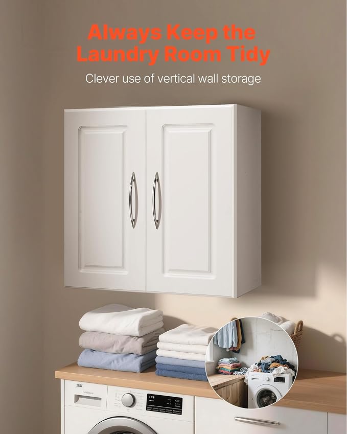 VEVOR Laundry Room Wall Cabinet, 2-Tier Wall Mounted Hanging Cabinet with Adjustable Shelf, Cupboard Storage with 2 Doors, for Kitchen, Bathroom, Laundry, 11.8 x 23.6 x 23.6 in (D x W x H), White