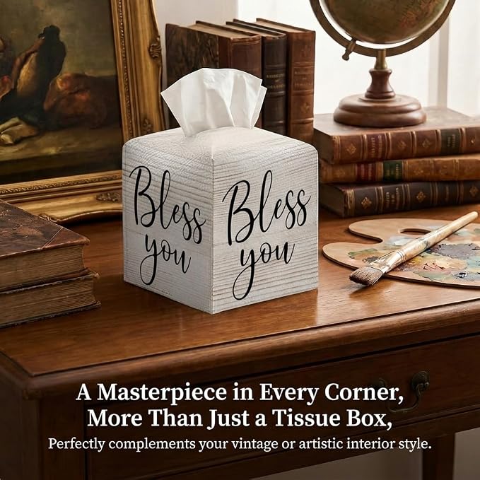 Tissue Box Cover Holder Square - Vintage Boho PU Leather Decorative Organizer, Ethnic Carpet Pattern Design Inspired, with Bottom Belt for Bathroom Car Office Tabletop Home, 5x5 Inch (Beige-bless you)