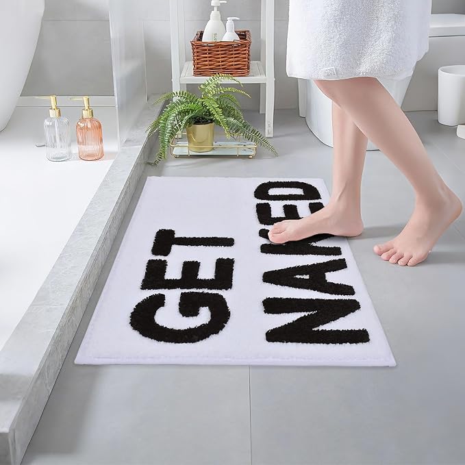 Zeeinx Get Naked Bath Mat White Cute Bathroom Rugs 20”x32” | Non Slip Absorbent Microfiber Machine Washable White Bathroom Rugs for Tub and Shower Funny Apartment Decor