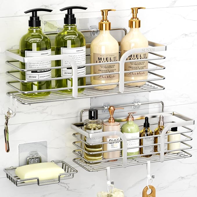 Yougai Shower Caddy, Shower Organizer with Soap Holder and Hooks, Rustproof Shower Shelves, No Drilling Bathroom Organizers and Storage, Wall-Mounted Kitchen & Home Decor (Silver)