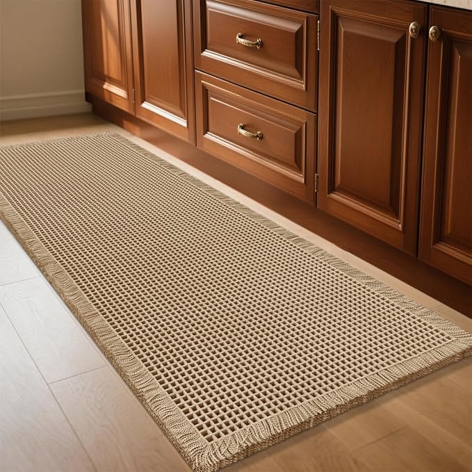 Waffle Bath Mat Beige 4'x2', Boho Woven Modern Bath Mat Rugs, Absorbent Non Slip Bathroom Rugs, Soft Washable Bath Rugs with Tassels for Bathroom, Bedroom, Kitchen, Shower, Tub