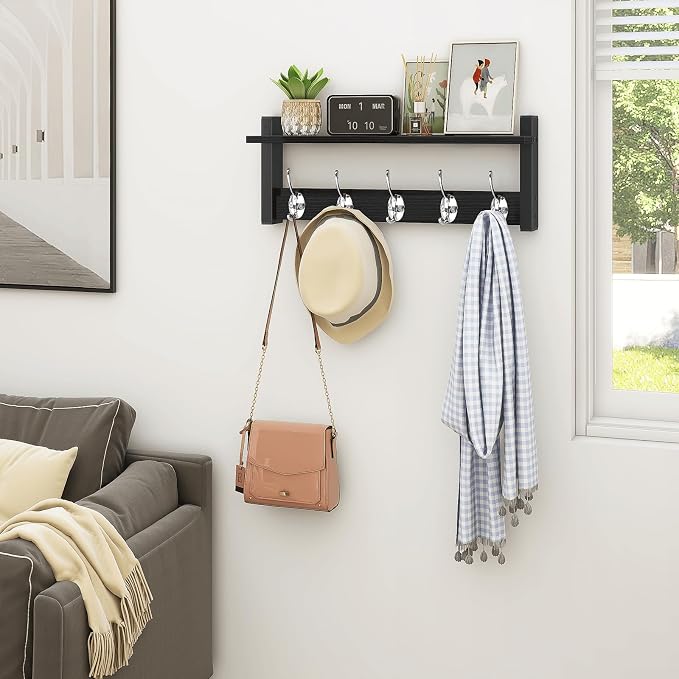 Wall Coat Rack With Shelf, Wood Entryway Hanger With Hooks, Small Floating Pegs for Hanging Coats, Hats, Purses, Backpacks, Black