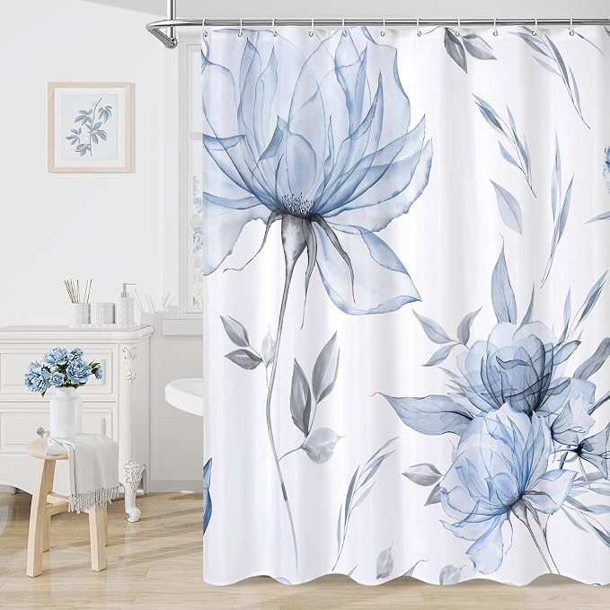 Litabel Long Boho Watercolor Floral Shower Curtain 72 x 78, Blue and Grey Ink Painting Style Flower Shower Curtains for Chic Elegant Bathroom, Artistic 78 Inch Long Fabric Shower Curtain