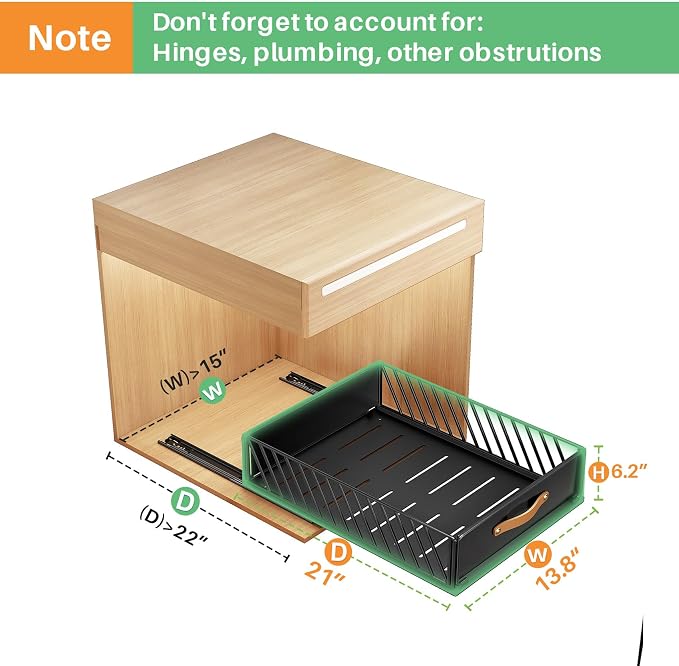 Pull out Cabinet Organizer,Heavy Duty Slide out Pantry Shelves Drawer Storage with Adhesive Nano Film,Sliding Mesh Cabinet Basket with Handle for Kitchen, Bathroom, Home, 13.8"W X 21"D X6.2"H,Black