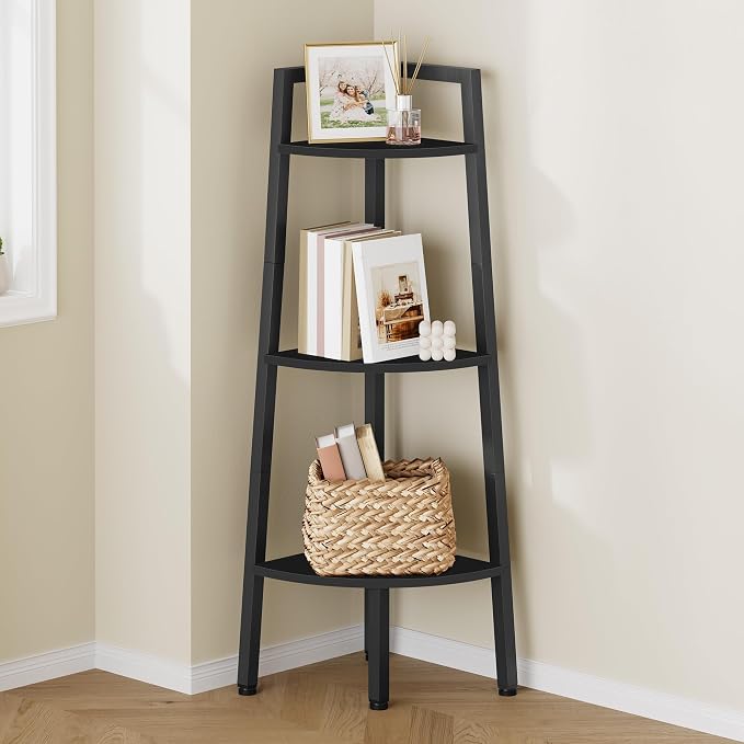 Hoctieon Corner Shelf, 3-Tier 40" Tall Corner Bookshelf, Rustic Ladder Shelf, Industrial Display Stand for Living Room, Kitchen, Home Office, Balcony, Small Space, Metal Frame, Black