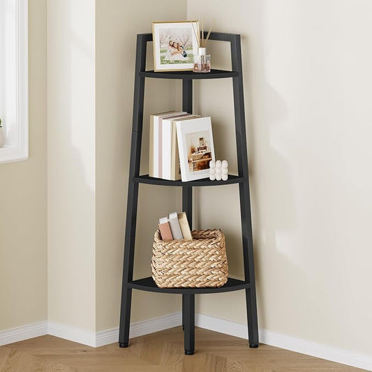 Hoctieon Corner Shelf, 3-Tier 40" Tall Corner Bookshelf, Rustic Ladder Shelf, Industrial Display Stand for Living Room, Kitchen, Home Office, Balcony, Small Space, Metal Frame, Black