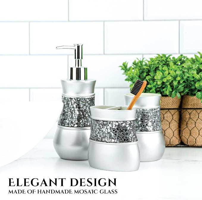 Creative Scents Crackled Glass Silver Hand Soap Dispenser for Bathroom, | Decorative Countertop Lotion Dispenser, Elegant Liquid Soap Dispenser with Sturdy Pump for Classic Bathroom Décor