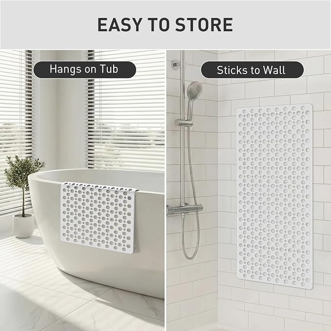 Shower Mat Non Slip Bath Mat for Tub - 35" x 16" Soft TPE Bathtub Mat Non Slip Shower Mats for Inside Shower, Anti Slip Shower Mat with Suction Cups, Quick-Drying Bath Tub Mat, White