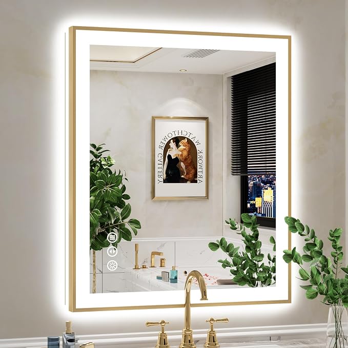 36x30 LED Bathroom Mirror with Lights, Gold Framed Lighted Mirror | Backlit and Front light, Anti-Fog, 3 Color Dimmable, Memory, Tempered Glass, IP54 Waterproof, UL Listed