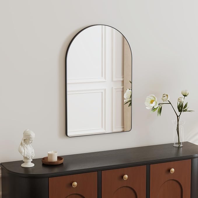 Arched Bathroom Mirror 15"x23", Black, Tempered Glass | arch bathroom mirror black wall mounted vanity tempered glass metal frame bedroom entryway living room