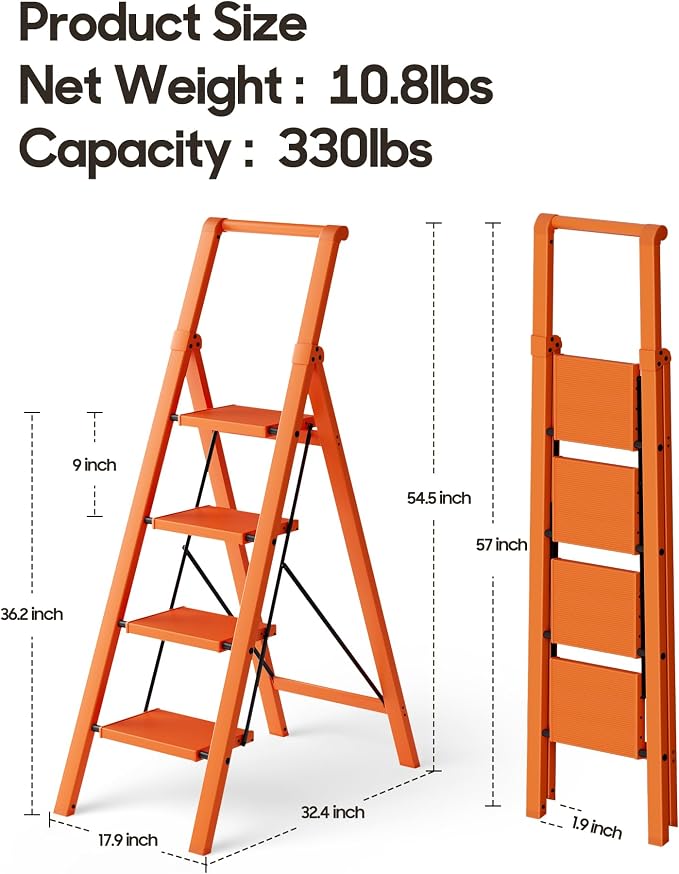HillhutApex Aluminum 4 Step Ladder, Step Stool Foldable Ladder(Orange) | Stepladder with Handgrip,Anti-Slip Pedals,330lbs Capacity,Lightweight Portable Folding Ladder for Home,Office,Libaray