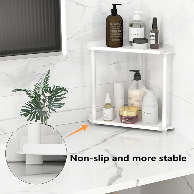 FLE Corner Bathroom Counter Organizer, Bathroom Organizer Countertop White | 2 Tier Corner Shelf, Tabletop Mount,Waterproof Solid Shelf Fits Bathroom Toiletries and Kitchen Condiment Storage