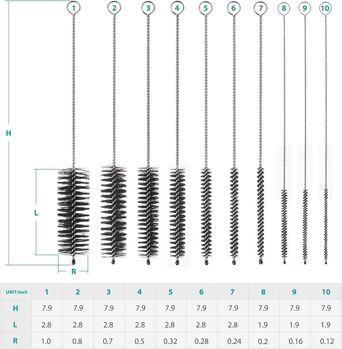 CiaraQ Bottle Cleaning Brushes, 8 Inch Nylon Tube Brush Set | Black Cleaner for Narrow Neck Bottles Cups with Hook, Set of 10pcs