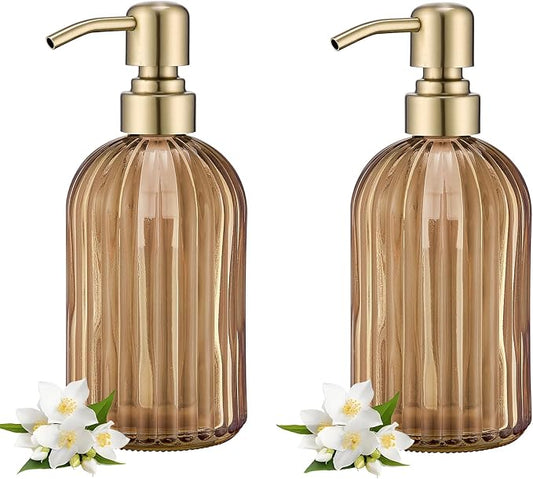16 OZ Amber Glass Soap Dispenser, Amber Stripe Bathroom Hand Soap Dispensers with Stainless Steel Brushed Gold Pump,Brown Glass Kitchen Hand Soap Dispenser with Brushed Gold Pump,2 Packs