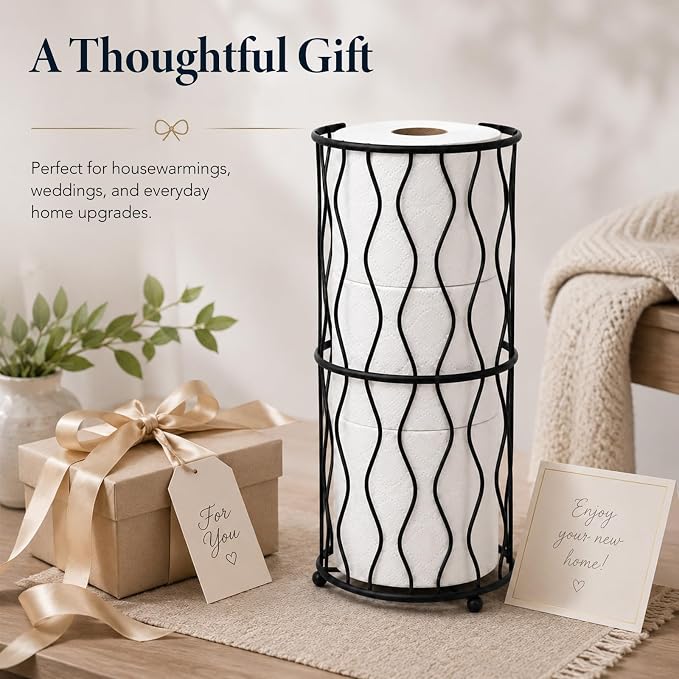 Modern Metal Freestanding Toilet Paper Roll Holder Stand and Dispenser with Storage for 3 Rolls of Reserve Toilet Tissue - for Bathroom Storage Organizing - Holds Mega Rolls (Matte Black)