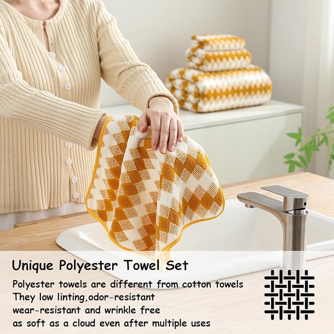12 Pcs Ginger Yellow White Diamond Towel Set-4 Bath Towels,4 Hand Towels,4 Washcloths Soft Polyester Bath Towel with Loop Absorbent Shower Towel Quick Dry Family Towels for Bathroom Spa Gym