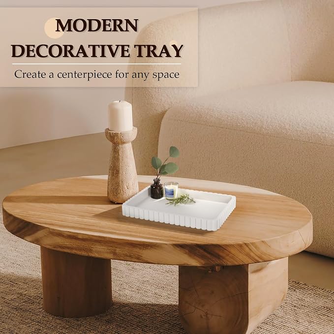 Rectangular Tray for Coffee Table Decor, 14" Coffee Table Tray, White | Decorative Tray, Solid Concrete, Aesthetic Home Decor, Table Decor Trays for Living Room, Entryway, Nightstand, Dresser