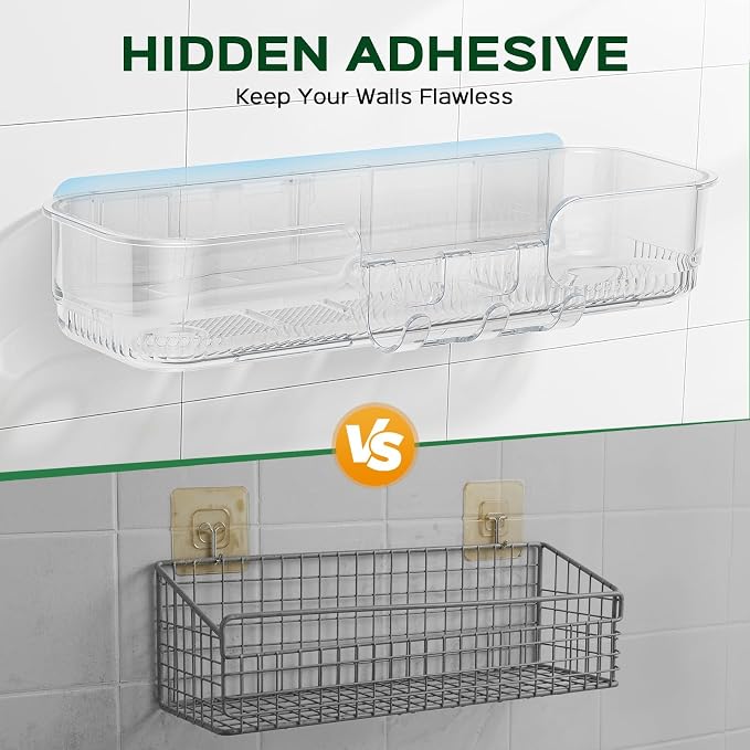 HAMITOR 2 Pack Adhesive Shower Caddy, Clear Transparent Shower Organizer | Modern Clear Design, Waterproof Adhesive Setup, Quick Drainage Shelves, Perfect for Homeowner, Apartments & Stylish Bathrooms